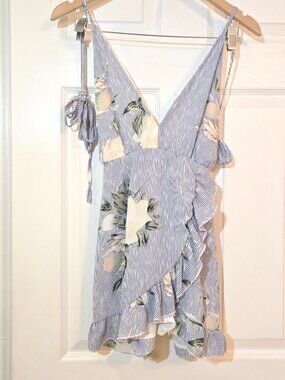 Floral Blue & White Striped Layered Ruffle Cami Strap Halter Tieback Romper